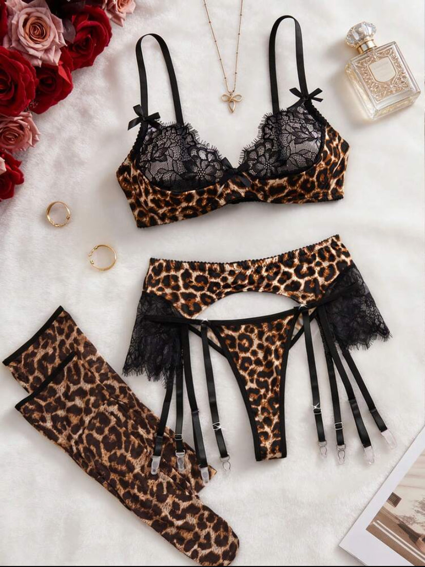 4pcs Leopard Print Lingerie